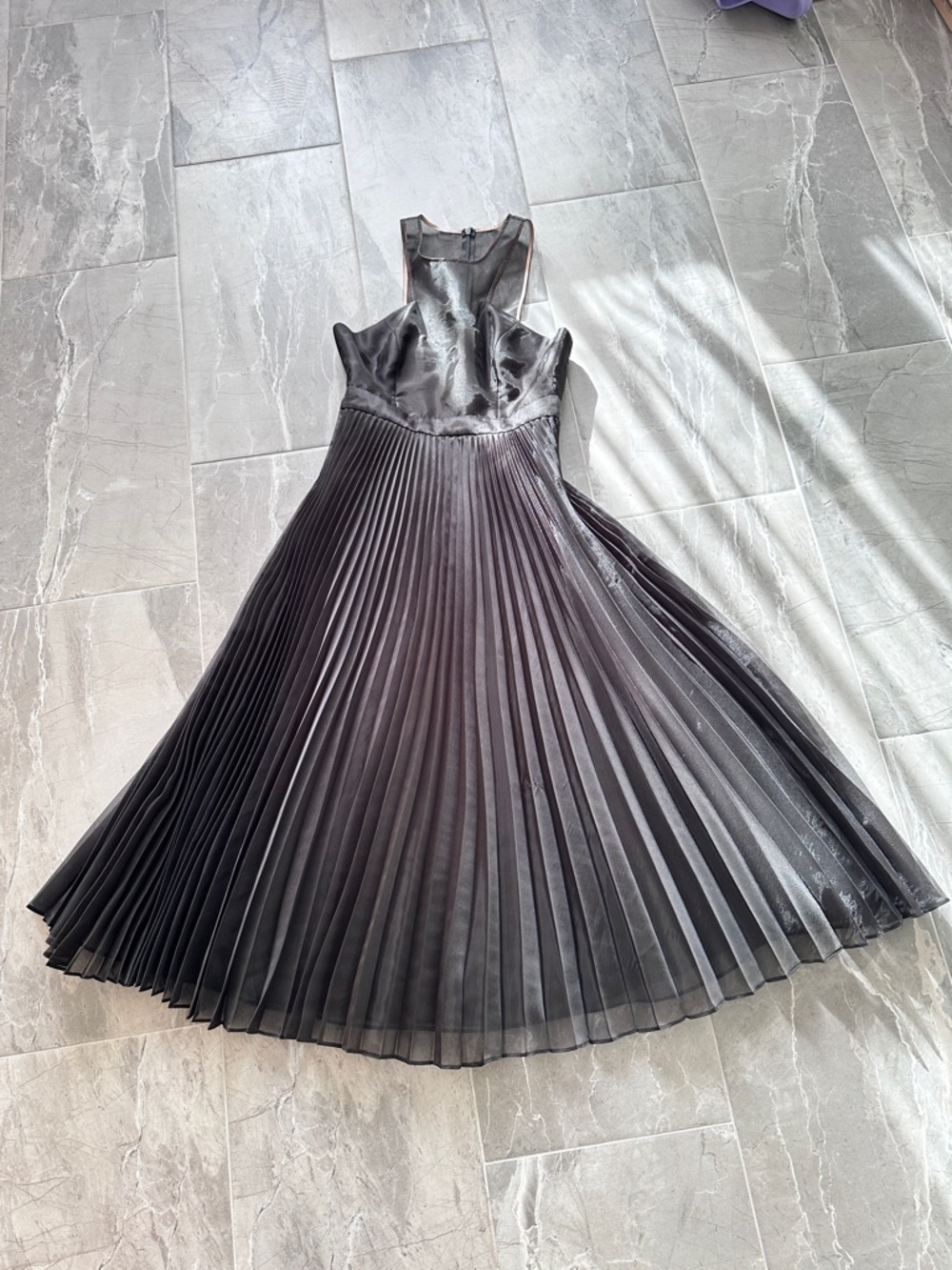 BCBG Black Pleated Midi Dress with Sheer Bodice